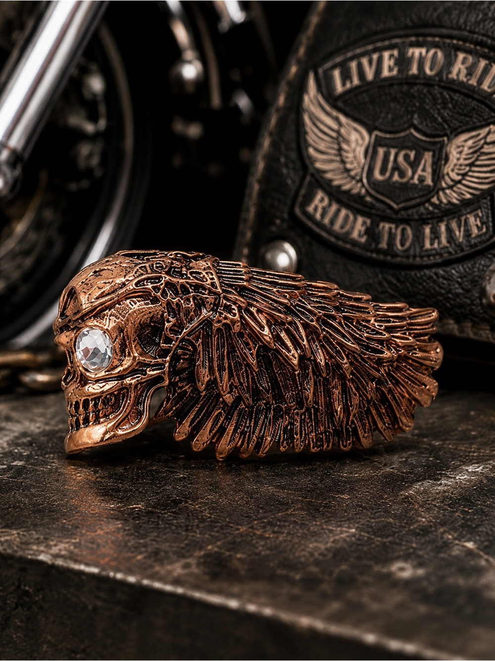 Skull Biker Ring in Rose Gold Copper Color Duo Finger Knuckle‎ Ring with Crystal